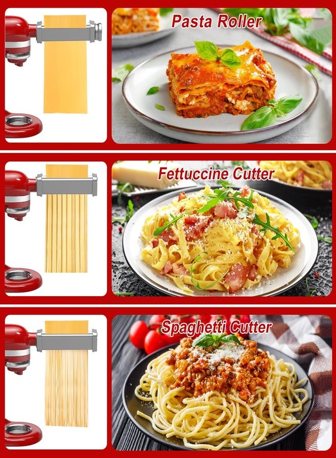 NEWSETS 3 PCS Pasta Maker Attachments for All KitchenAid Stand Mixers, Pasta Accessories Including Pasta Roller, Fettuccine Cutter, and Spaghetti Cutter for Noodle Ravioli, 304 Stainless Steel,Cleaning Crush - Image 2